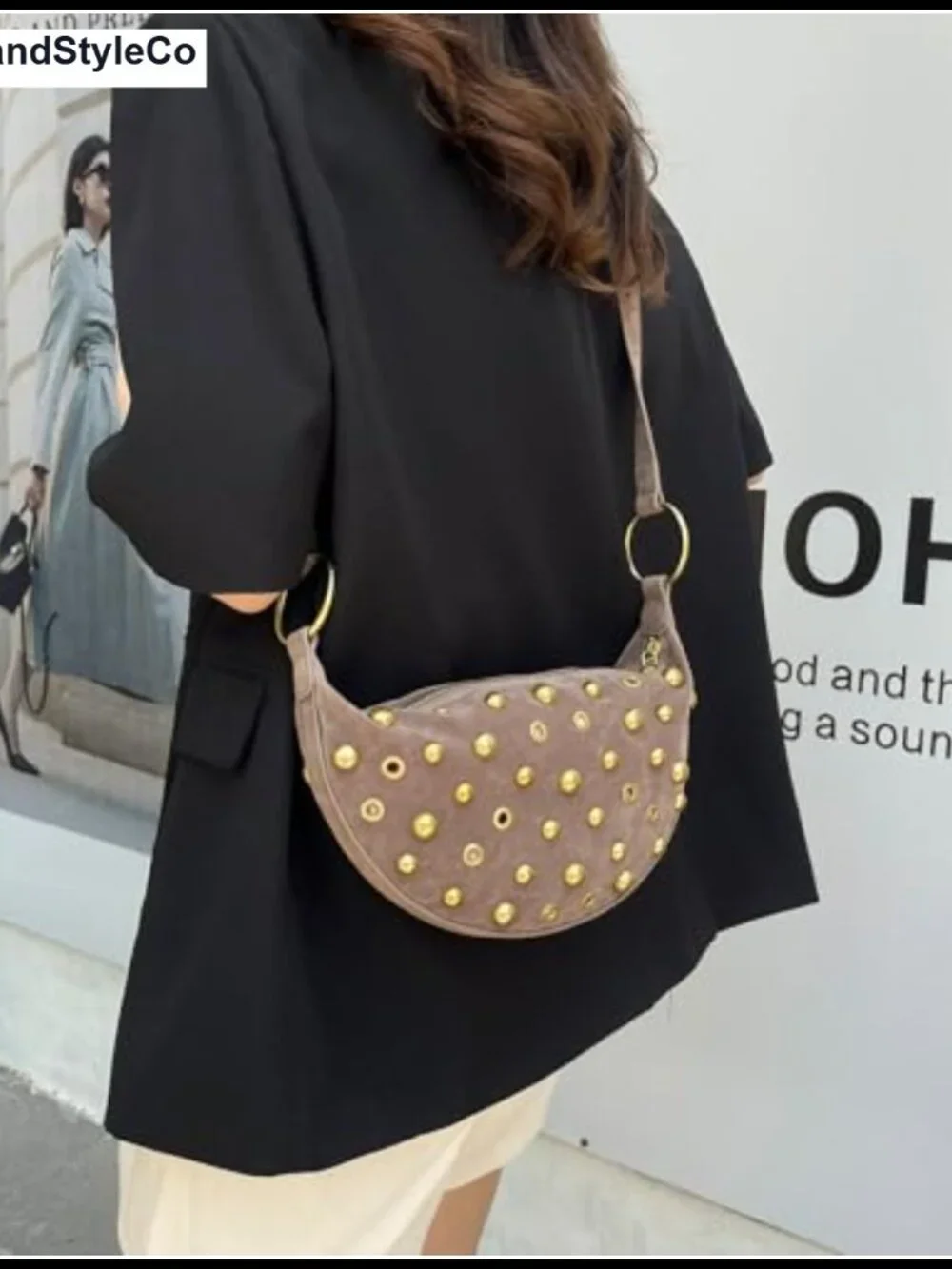 Studded Faux Suede Hobo Bag Adjustable Strap Shoulder Crossbody